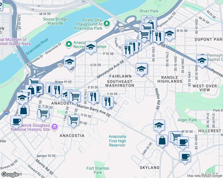 map of restaurants, bars, coffee shops, grocery stores, and more near 1909 S Street Southeast in Washington