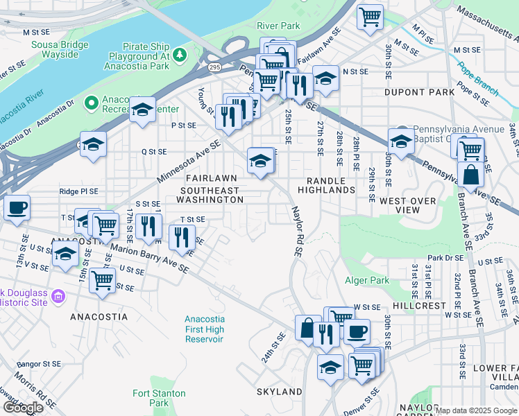 map of restaurants, bars, coffee shops, grocery stores, and more near 2307 S Street Southeast in Washington