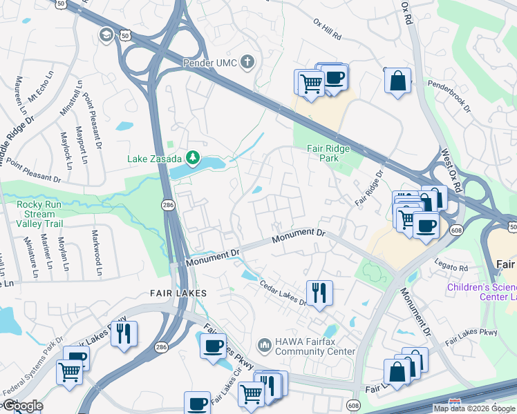 map of restaurants, bars, coffee shops, grocery stores, and more near 4207 Trumbo Court in Fairfax