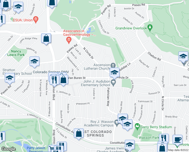 map of restaurants, bars, coffee shops, grocery stores, and more near 2210 East Van Buren Street in Colorado Springs