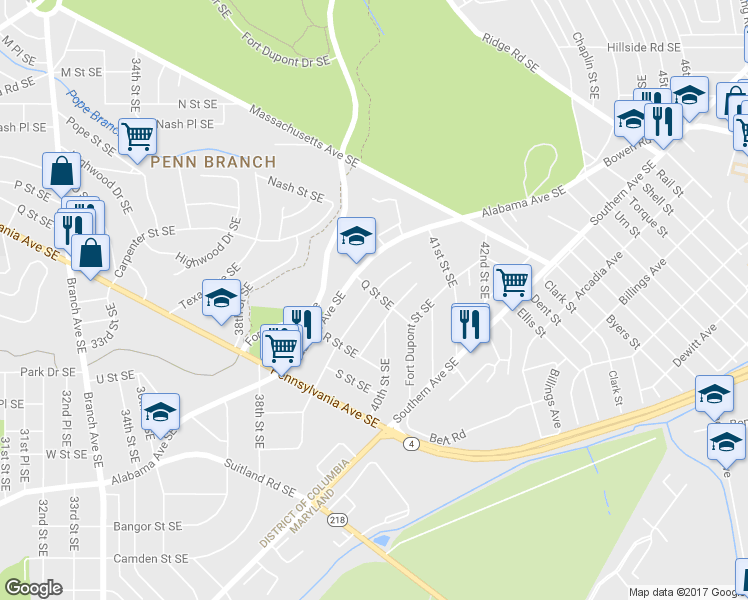 map of restaurants, bars, coffee shops, grocery stores, and more near 1600 Fort Davis Street Southeast in Washington