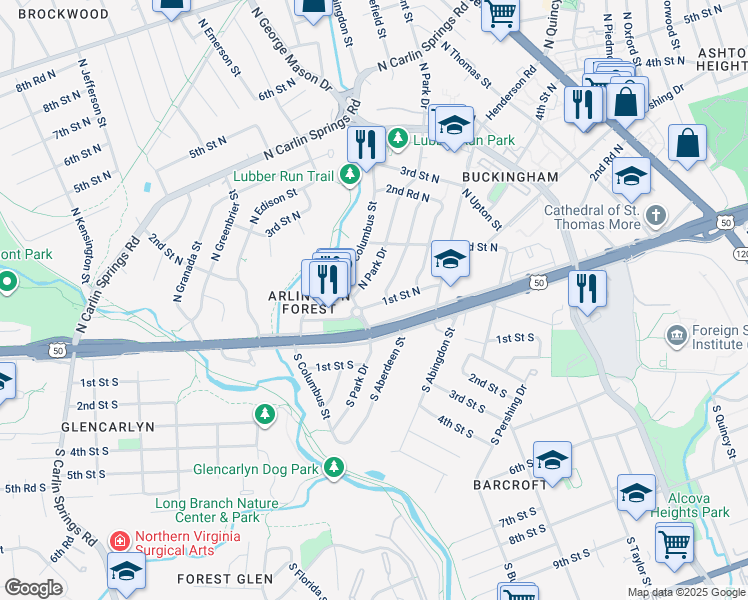 map of restaurants, bars, coffee shops, grocery stores, and more near 4759 1st Street North in Arlington