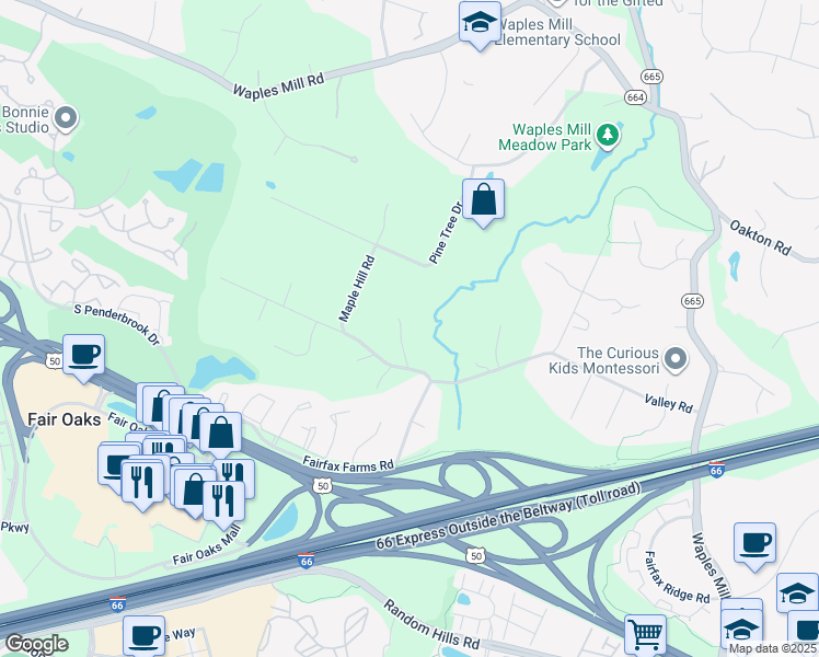 map of restaurants, bars, coffee shops, grocery stores, and more near 11610 Valley Road in Fairfax