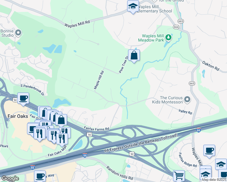 map of restaurants, bars, coffee shops, grocery stores, and more near 11610 Valley Road in Fairfax