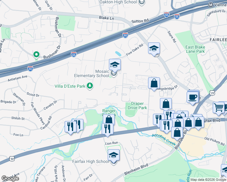 map of restaurants, bars, coffee shops, grocery stores, and more near 3124 Bayswater Court in Fairfax