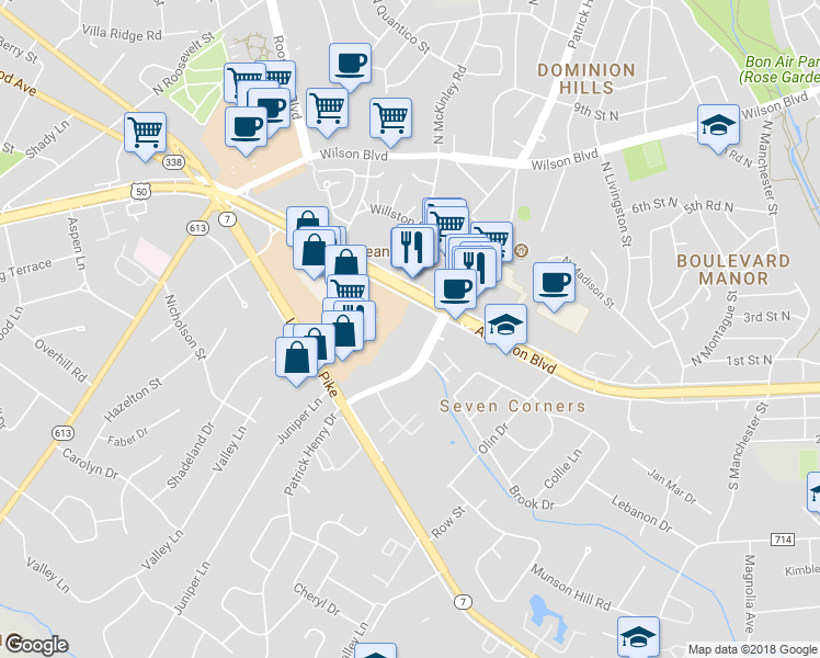 map of restaurants, bars, coffee shops, grocery stores, and more near 3020 Patrick Henry Drive in Falls Church