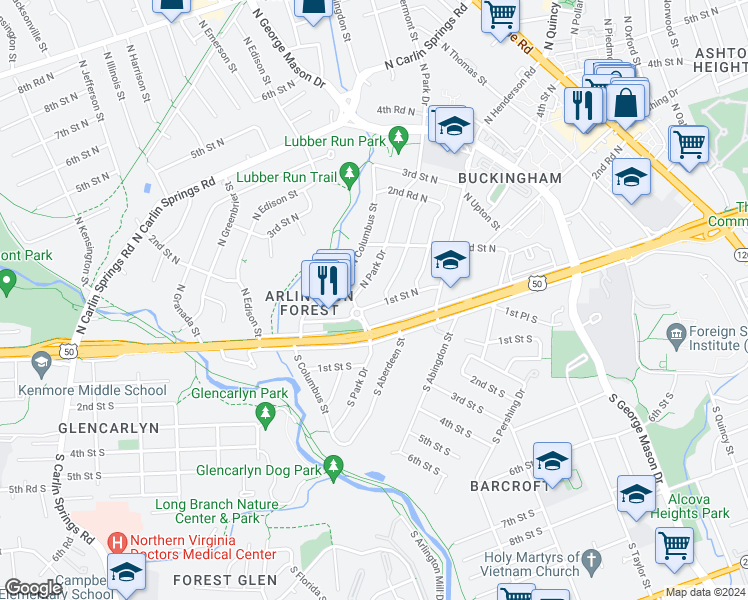 map of restaurants, bars, coffee shops, grocery stores, and more near 4759 1st Street North in Arlington