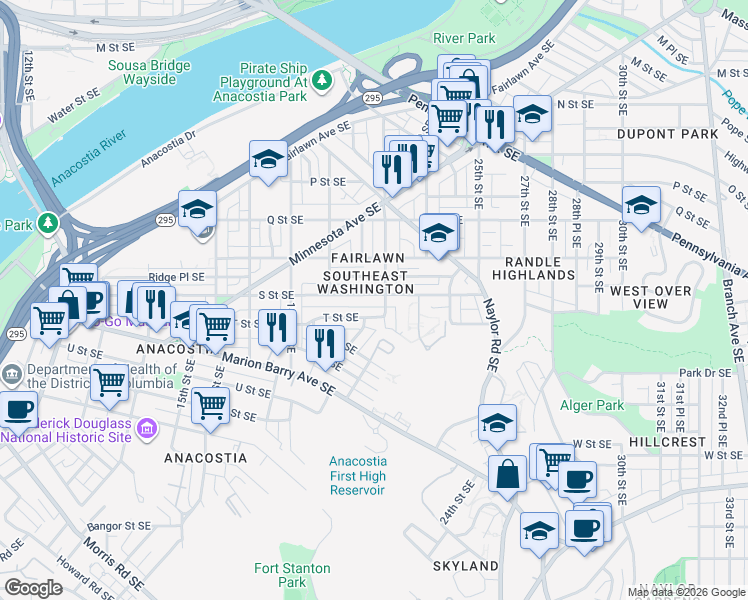 map of restaurants, bars, coffee shops, grocery stores, and more near 1955 S Street Southeast in Washington
