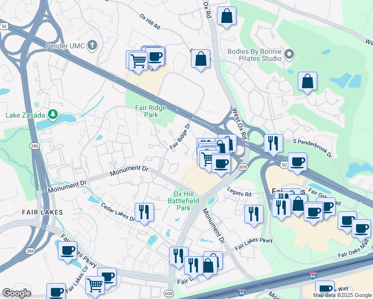 map of restaurants, bars, coffee shops, grocery stores, and more near 12215 Apple Orchard Court in Fairfax