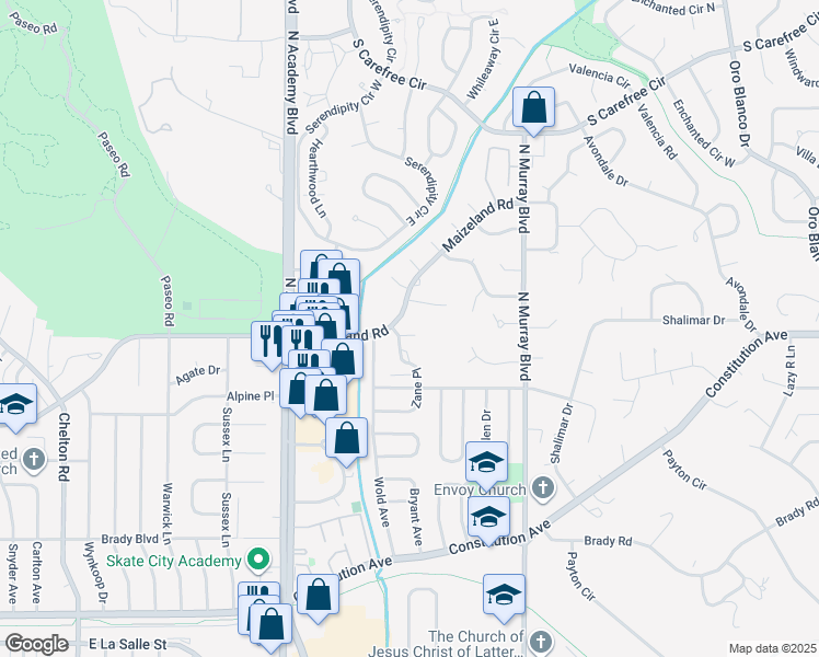 map of restaurants, bars, coffee shops, grocery stores, and more near 2430 Zane Circle in Colorado Springs