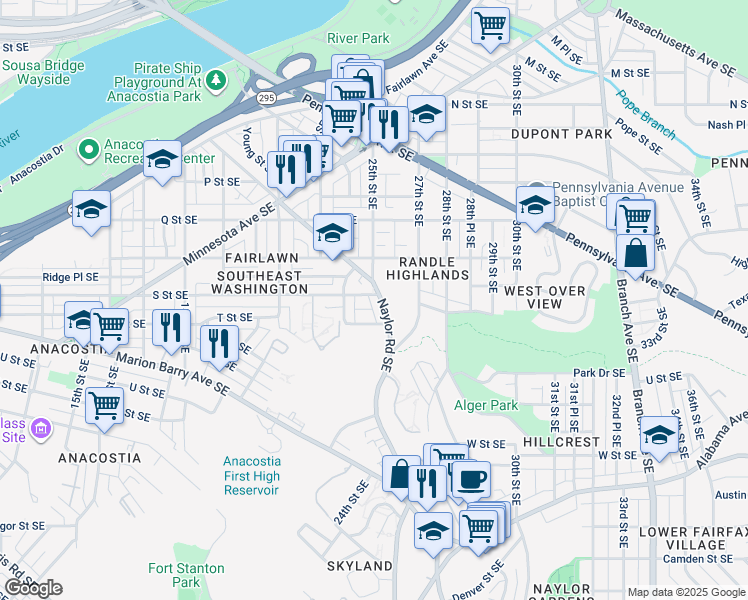 map of restaurants, bars, coffee shops, grocery stores, and more near 2501 Naylor Road Southeast in Washington