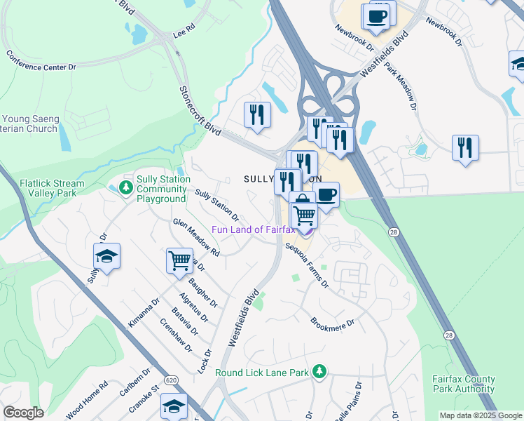 map of restaurants, bars, coffee shops, grocery stores, and more near 14518 Oakmere Drive in Centreville