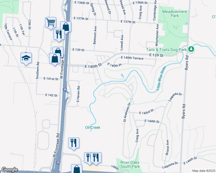 map of restaurants, bars, coffee shops, grocery stores, and more near 14102 Saint Andrews Drive in Grandview