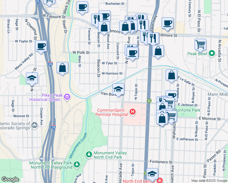 map of restaurants, bars, coffee shops, grocery stores, and more near 110 West Van Buren Street in Colorado Springs