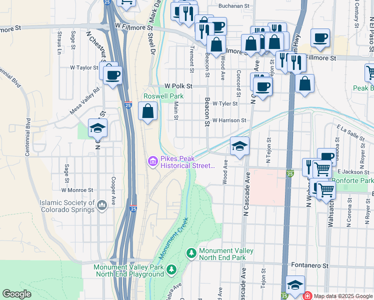 map of restaurants, bars, coffee shops, grocery stores, and more near 465 West Van Buren Street in Colorado Springs