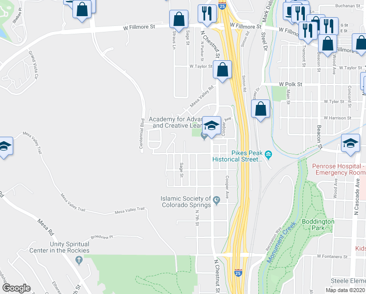 map of restaurants, bars, coffee shops, grocery stores, and more near 2585 Brewster Street in Colorado Springs