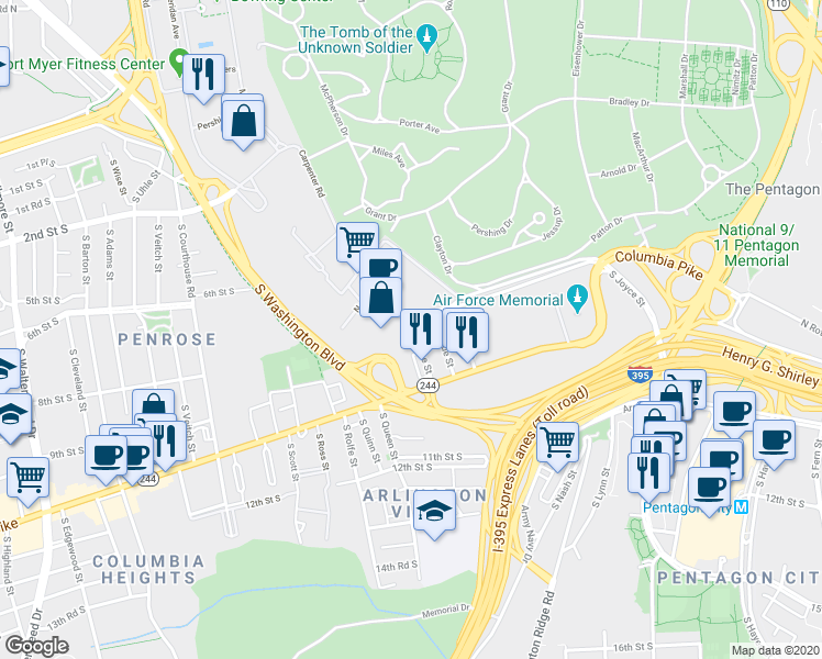 map of restaurants, bars, coffee shops, grocery stores, and more near 806 South Orme Street in Arlington