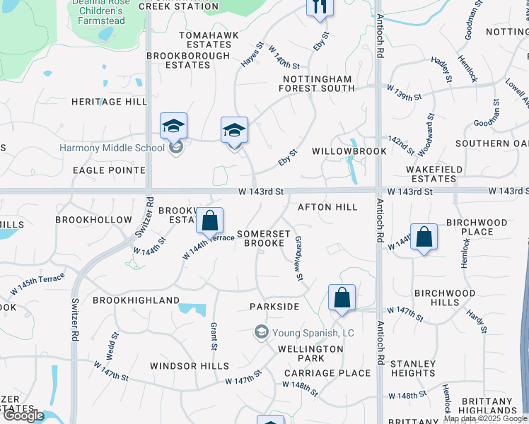 map of restaurants, bars, coffee shops, grocery stores, and more near 14313 Hayes St in Overland Park