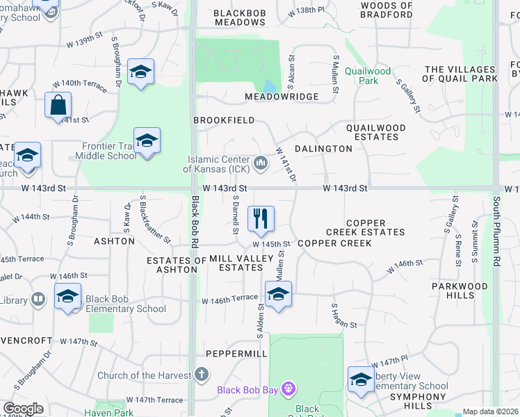 map of restaurants, bars, coffee shops, grocery stores, and more near 14803 West 143rd Street in Olathe