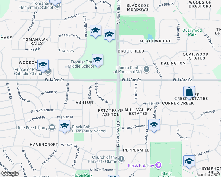map of restaurants, bars, coffee shops, grocery stores, and more near 14340 South Twilight Lane in Olathe