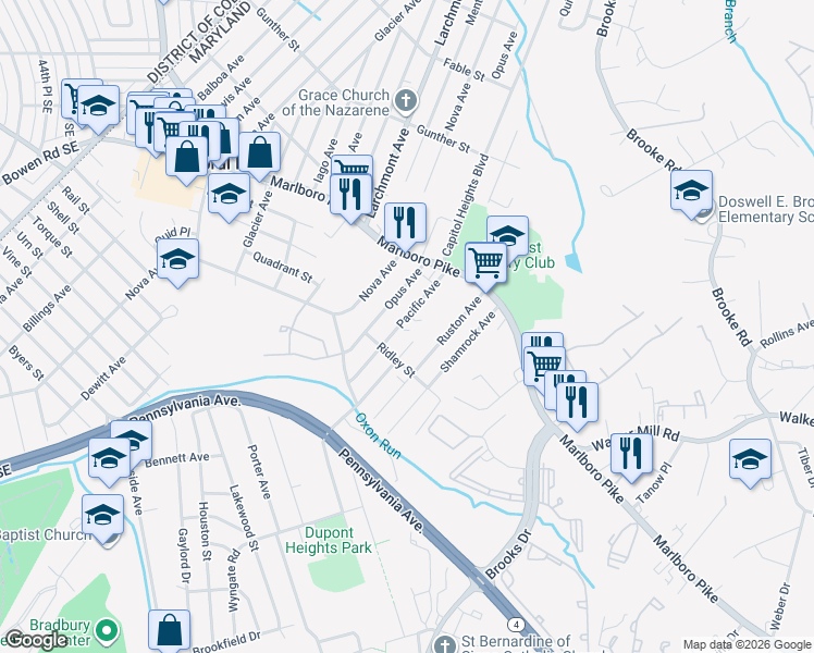map of restaurants, bars, coffee shops, grocery stores, and more near 1512 Pacific Avenue in Capitol Heights