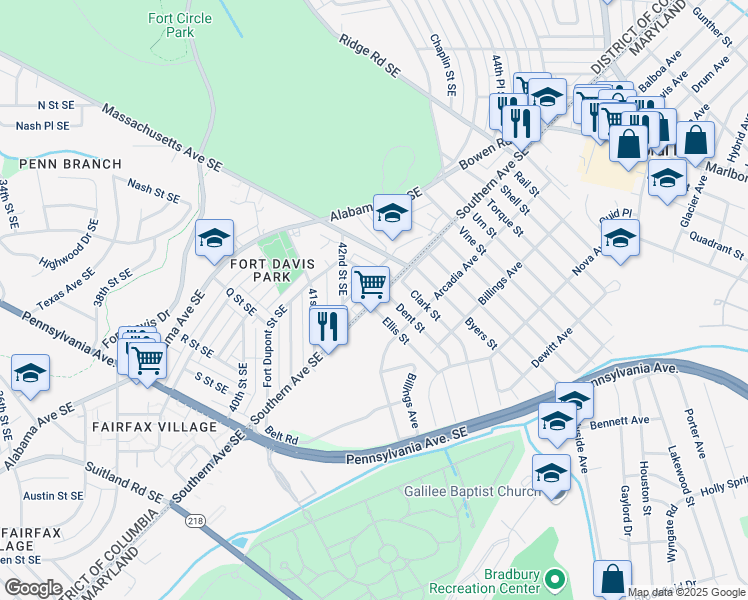map of restaurants, bars, coffee shops, grocery stores, and more near 4245 Southern Avenue Southeast in Capitol Heights