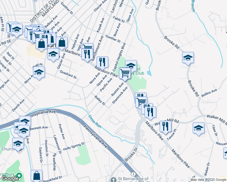 map of restaurants, bars, coffee shops, grocery stores, and more near 1525 Ruston Avenue in Capitol Heights