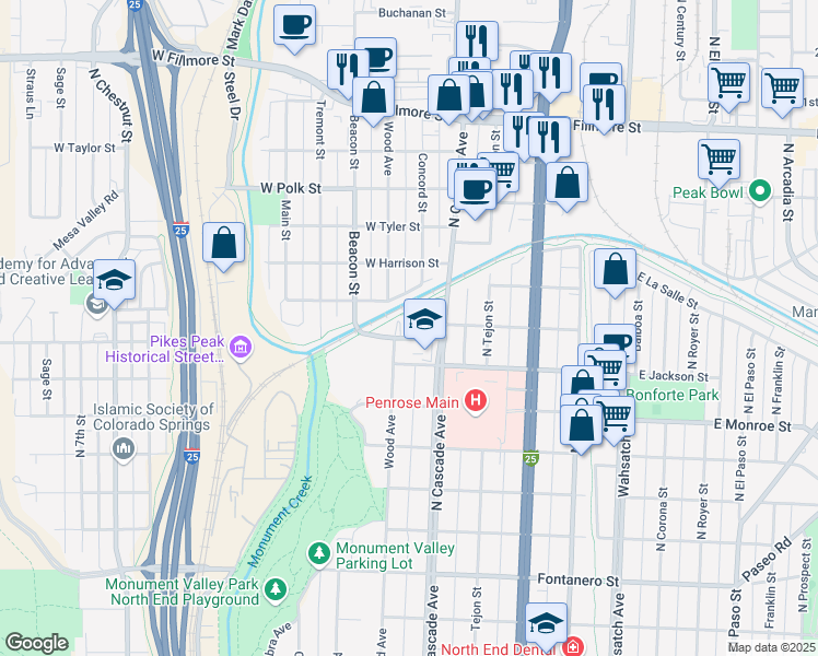 map of restaurants, bars, coffee shops, grocery stores, and more near 110 West Van Buren Street in Colorado Springs