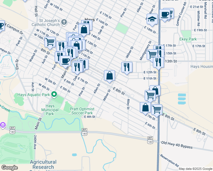 map of restaurants, bars, coffee shops, grocery stores, and more near 420 East 8th Street in Hays