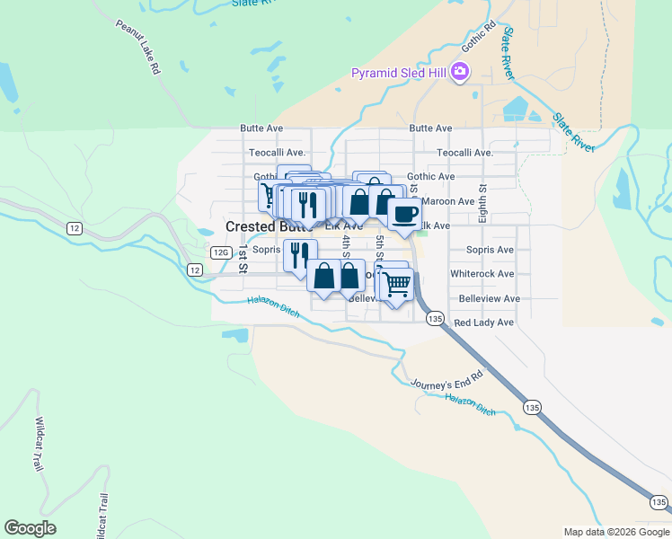 map of restaurants, bars, coffee shops, grocery stores, and more near 323 Whiterock Avenue in Crested Butte