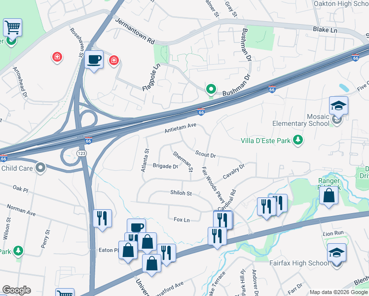 map of restaurants, bars, coffee shops, grocery stores, and more near 10213 Scout Drive in Fairfax