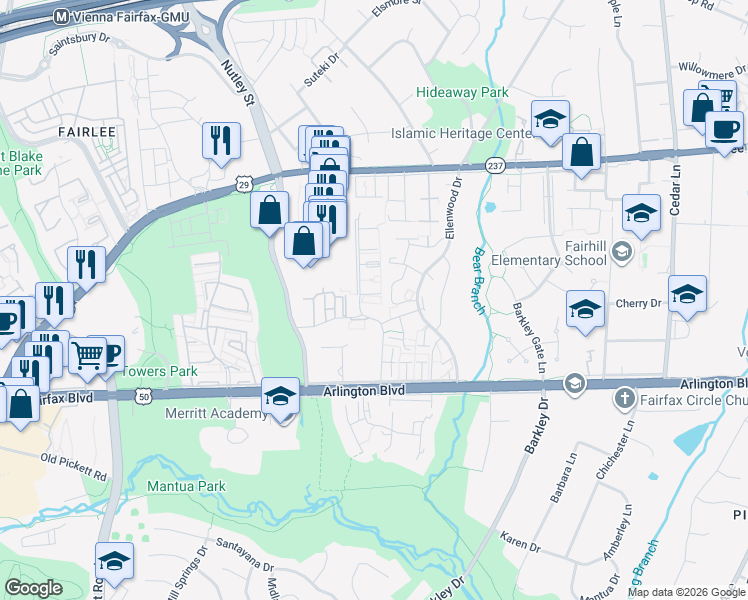 map of restaurants, bars, coffee shops, grocery stores, and more near 9107 Suede Court in Fairfax