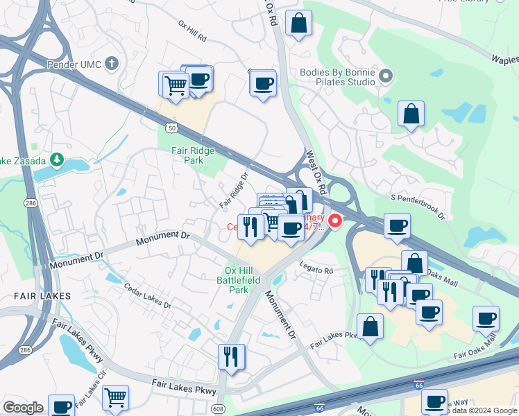 map of restaurants, bars, coffee shops, grocery stores, and more near 4124 Monument Court in Fairfax