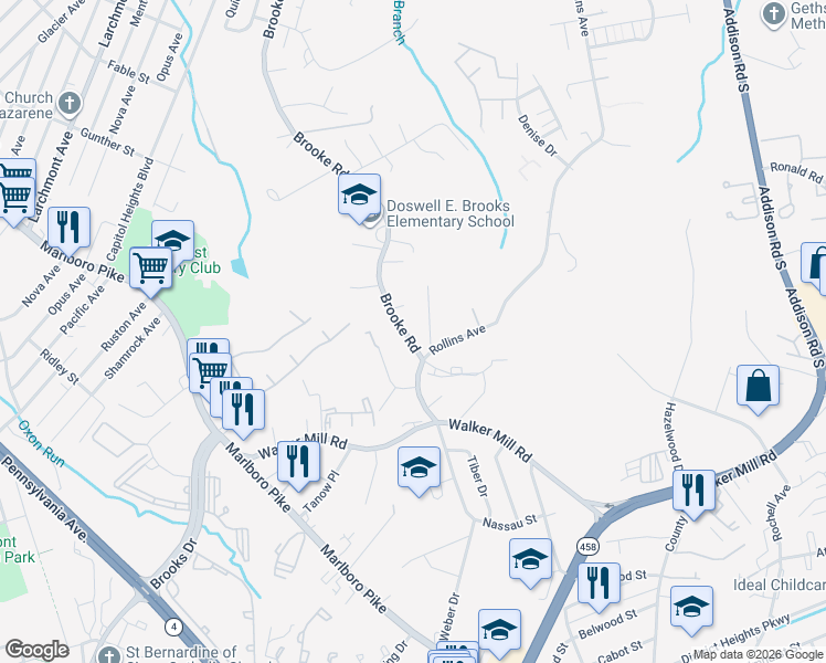 map of restaurants, bars, coffee shops, grocery stores, and more near 1514 Brooke Road in Capitol Heights