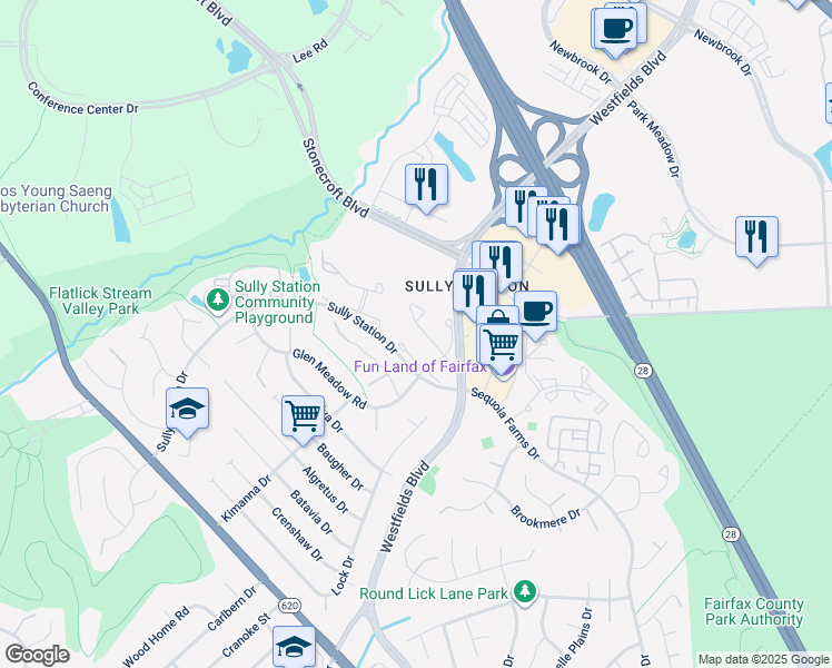 map of restaurants, bars, coffee shops, grocery stores, and more near 14531 Oakmere Drive in Centreville