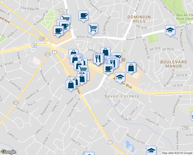 map of restaurants, bars, coffee shops, grocery stores, and more near 3022 Patrick Henry Drive in Falls Church