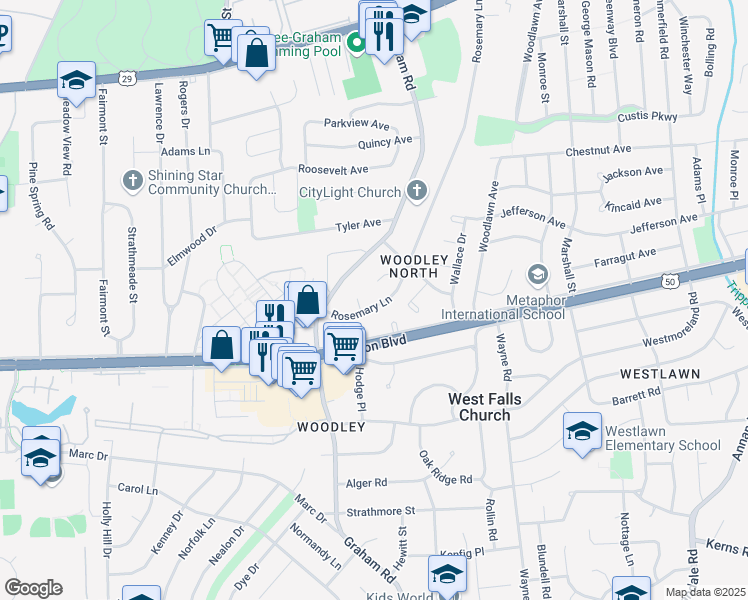 map of restaurants, bars, coffee shops, grocery stores, and more near 3016 Rosemary Lane in Falls Church