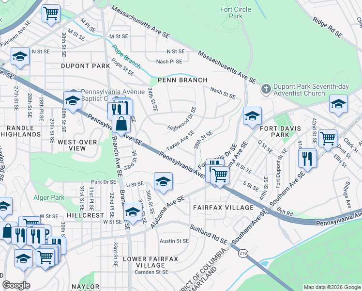 map of restaurants, bars, coffee shops, grocery stores, and more near 3501 Texas Avenue Southeast in Washington