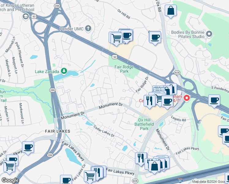map of restaurants, bars, coffee shops, grocery stores, and more near 4151 Brookgreen Drive in Fairfax