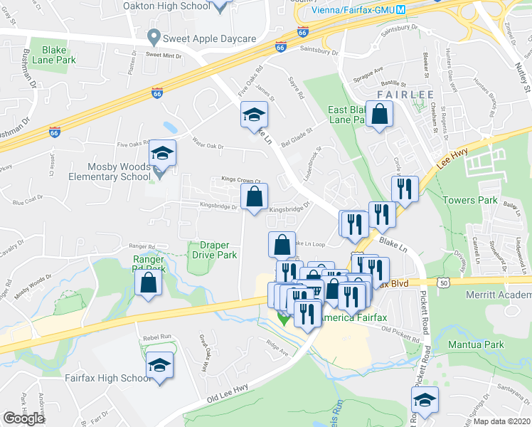 map of restaurants, bars, coffee shops, grocery stores, and more near 9677 Cedar Farm Circle in Fairfax