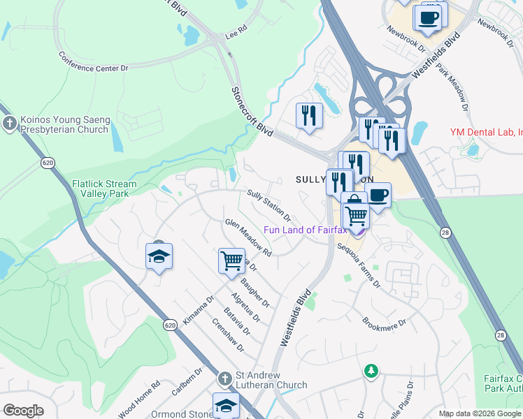 map of restaurants, bars, coffee shops, grocery stores, and more near 14528 South Hills Court in Centreville