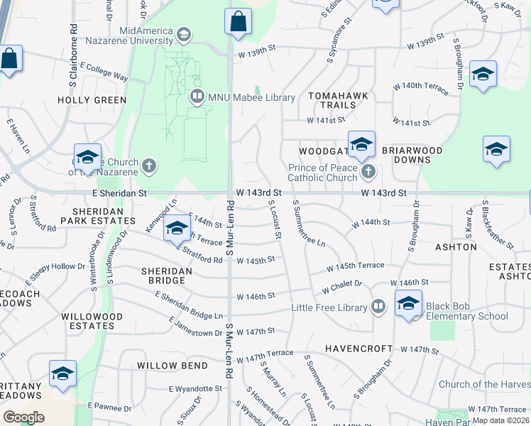 map of restaurants, bars, coffee shops, grocery stores, and more near 16605 West 143rd Terrace in Olathe