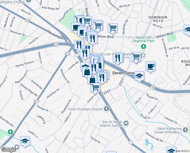 map of restaurants, bars, coffee shops, grocery stores, and more near 6349 Seven Corners Center in Falls Church