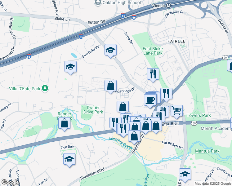 map of restaurants, bars, coffee shops, grocery stores, and more near 9677 Cedar Farm Circle in Fairfax