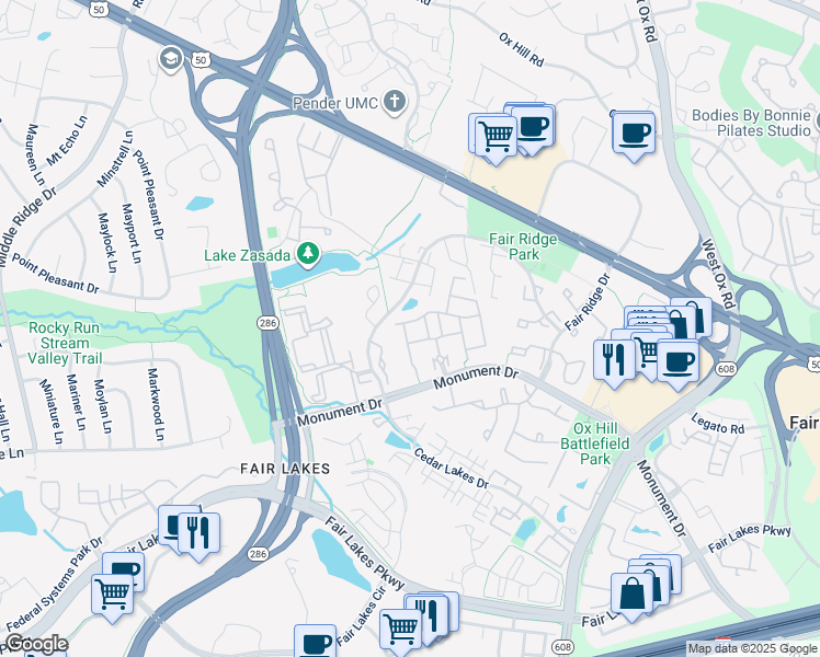 map of restaurants, bars, coffee shops, grocery stores, and more near 4203 Trumbo Court in Fairfax