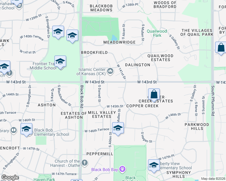 map of restaurants, bars, coffee shops, grocery stores, and more near 14803 West 143rd Street in Olathe