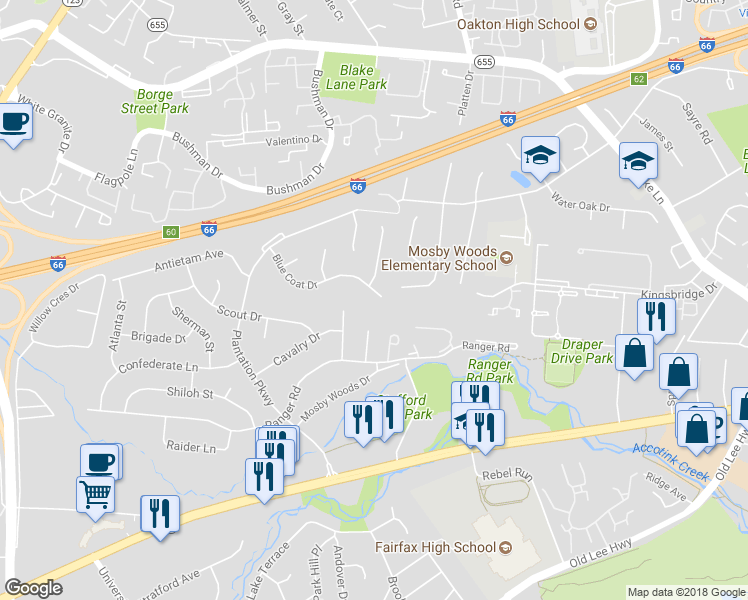 map of restaurants, bars, coffee shops, grocery stores, and more near 10009 Blue Coat Drive in Fairfax