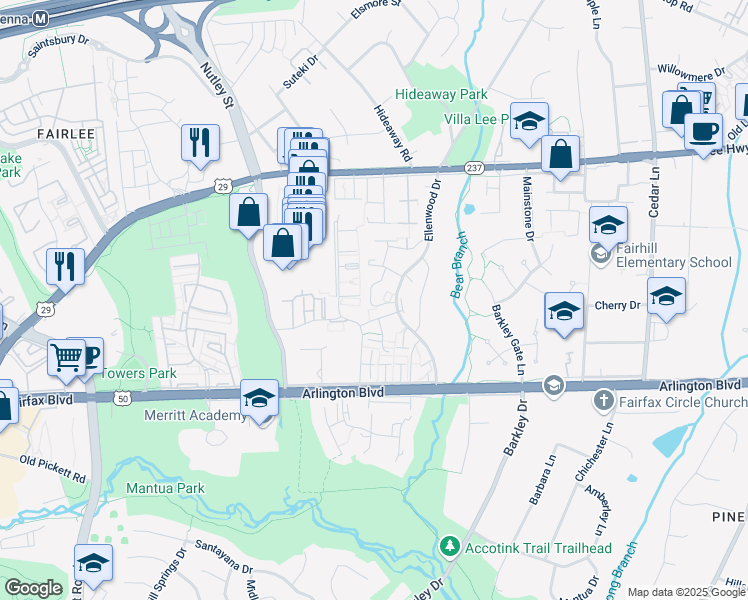 map of restaurants, bars, coffee shops, grocery stores, and more near 3035 Talking Rock Drive in Fairfax