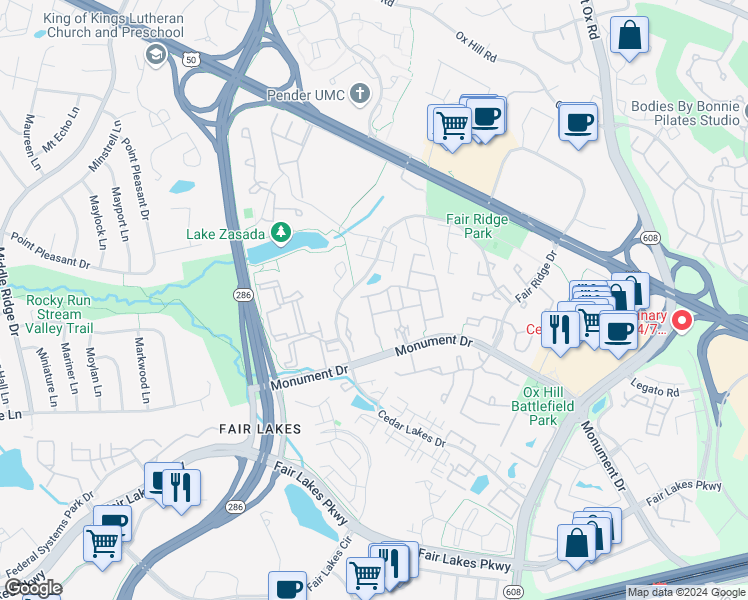 map of restaurants, bars, coffee shops, grocery stores, and more near 4203 Trumbo Court in Fairfax