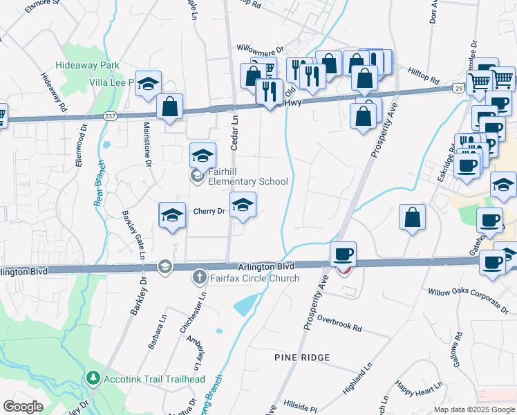 map of restaurants, bars, coffee shops, grocery stores, and more near 8604 Cherry Drive in Fairfax